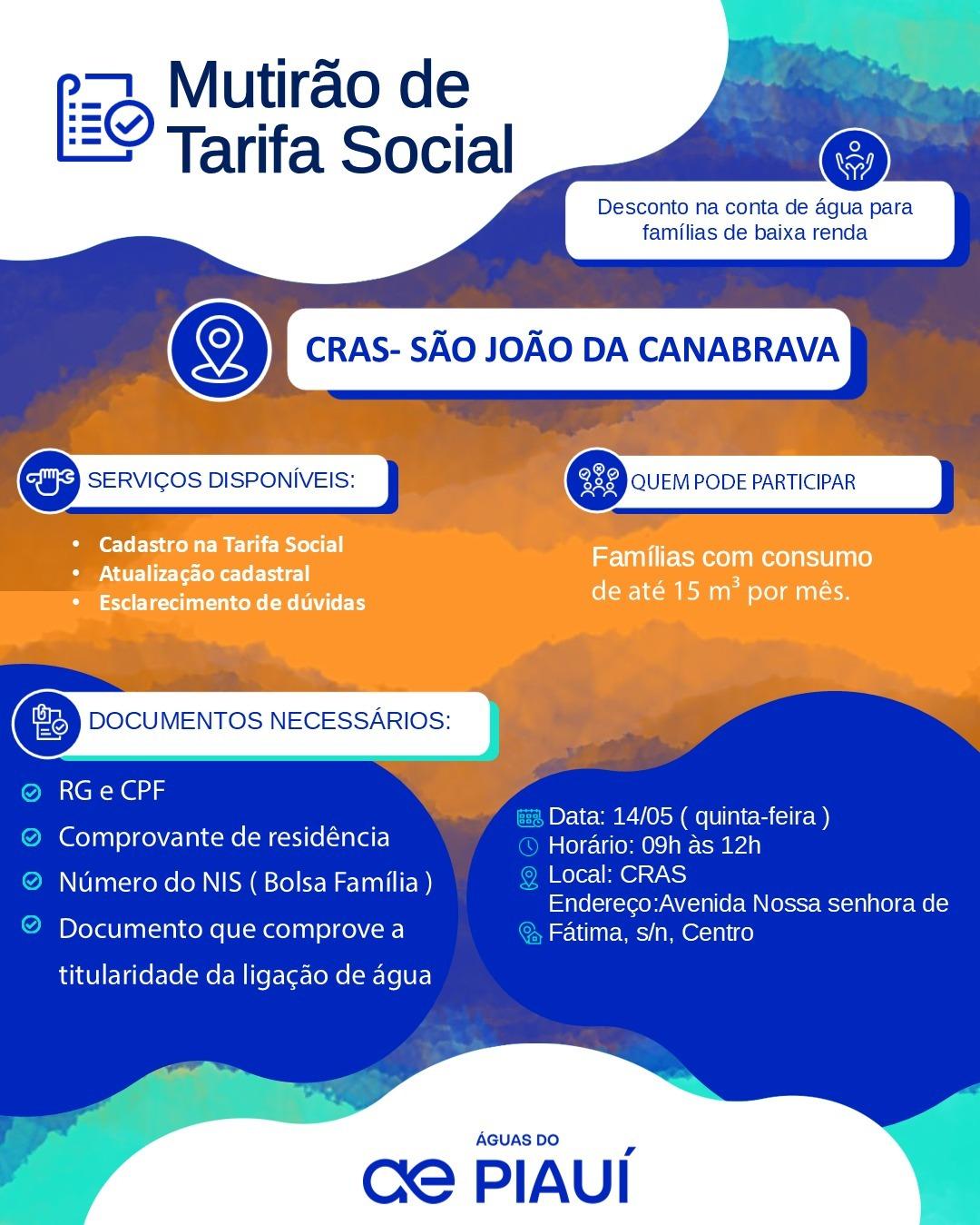 Mutirão da Tarifa Social será realizado em São João da Canabrava nesta quinta-feira (14)
