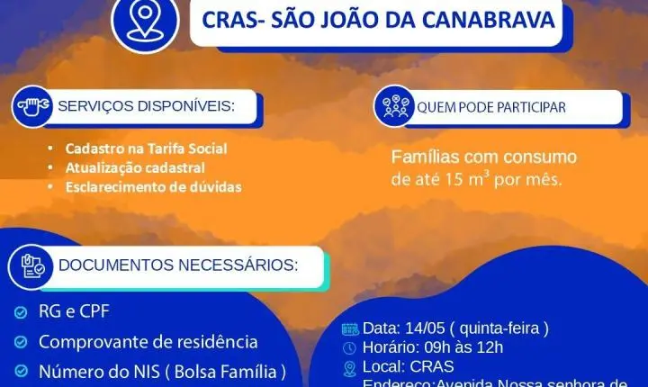 Mutirão da Tarifa Social será realizado em São João da Canabrava nesta quinta-feira (14)